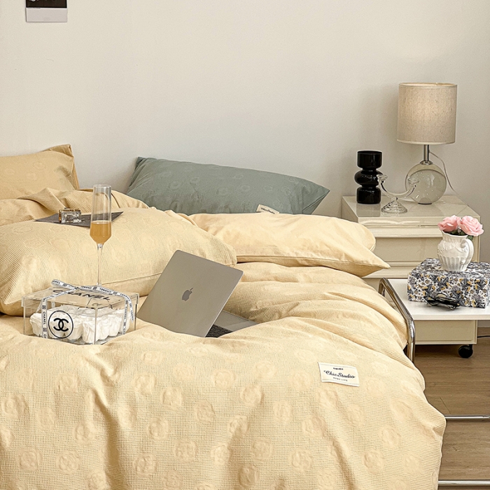 91家纺网 家纺一手货源 找家纺 昔可 2022新款60支水洗棉华夫格提花四件套拍法一 山茶嫩黄