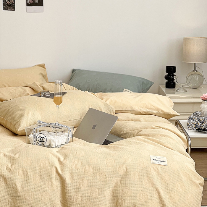 91家纺网 家纺一手货源 找家纺 昔可 2022新款60支水洗棉华夫格提花四件套拍法一 山茶嫩黄