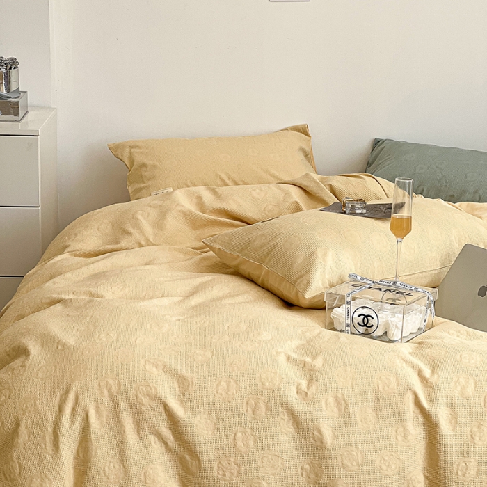 91家纺网 家纺一手货源 找家纺 昔可 2022新款60支水洗棉华夫格提花四件套拍法一 山茶嫩黄