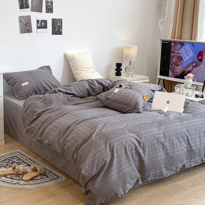 91家纺网 家纺一手货源 找家纺 昔可 2022新款60支水洗棉华夫格提花四件套拍法一 四花格大象灰