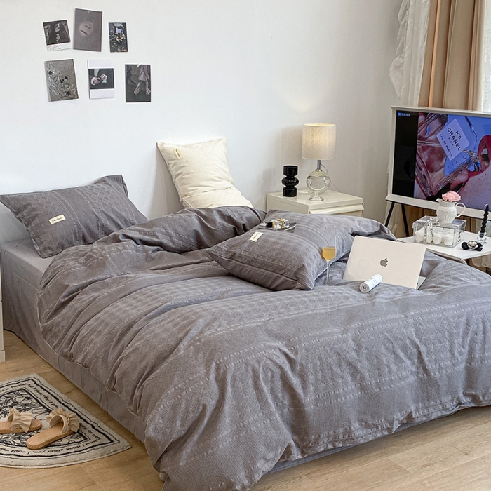 91家纺网 家纺一手货源 找家纺 昔可 2022新款60支水洗棉华夫格提花四件套拍法一 四花格大象灰