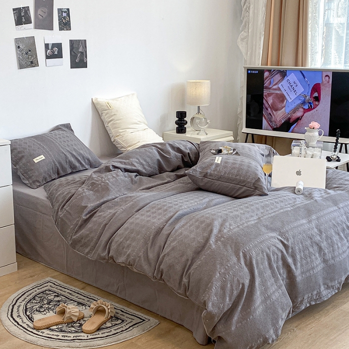 91家纺网 家纺一手货源 找家纺 昔可 2022新款60支水洗棉华夫格提花四件套拍法一 四花格大象灰