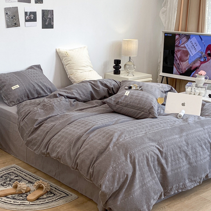 91家纺网 家纺一手货源 找家纺 昔可 2022新款60支水洗棉华夫格提花四件套拍法一 四花格大象灰