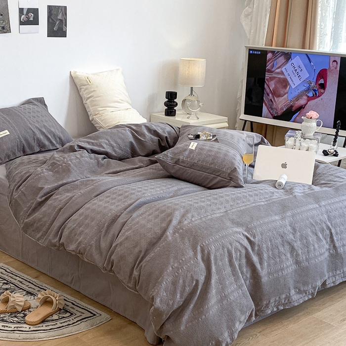 91家纺网 家纺一手货源 找家纺 昔可 2022新款60支水洗棉华夫格提花四件套拍法一 四花格大象灰