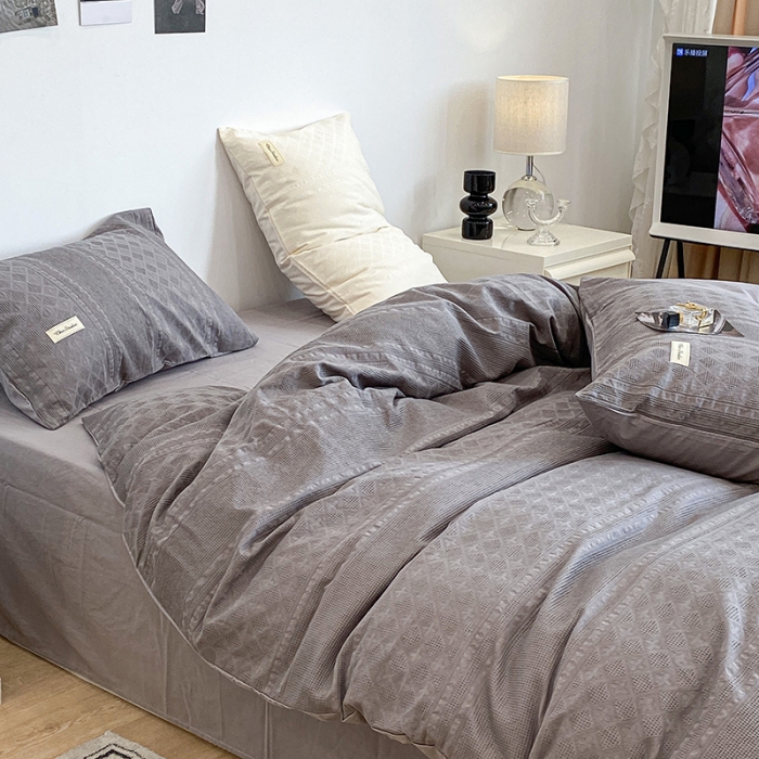 91家纺网 家纺一手货源 找家纺 昔可 2022新款60支水洗棉华夫格提花四件套拍法一 四花格大象灰