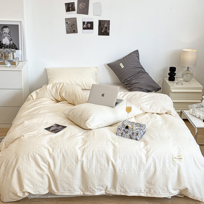 91家纺网 家纺一手货源 找家纺 昔可 2022新款60支水洗棉华夫格提花四件套拍法一 四花格米白