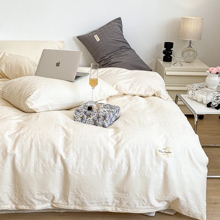 91家纺网 家纺一手货源 找家纺 昔可 2022新款60支水洗棉华夫格提花四件套拍法一 四花格米白