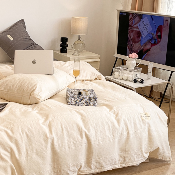 91家纺网 家纺一手货源 找家纺 昔可 2022新款60支水洗棉华夫格提花四件套拍法一 四花格米白