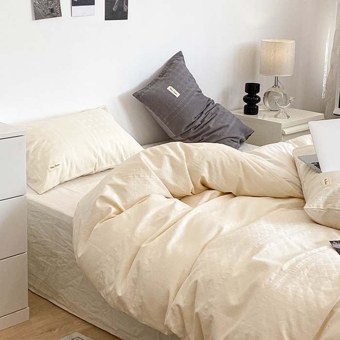 91家纺网 家纺一手货源 找家纺 昔可 2022新款60支水洗棉华夫格提花四件套拍法一 四花格米白