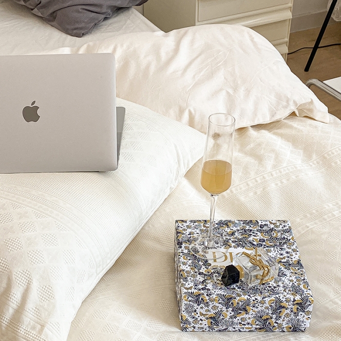 91家纺网 家纺一手货源 找家纺 昔可 2022新款60支水洗棉华夫格提花四件套拍法一 四花格米白