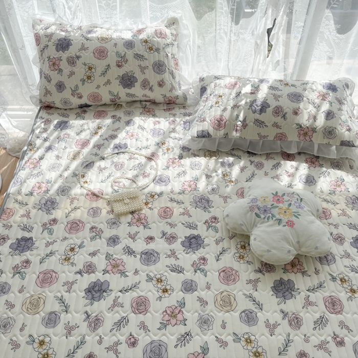 91家纺网 家纺一手货源 找家纺 慕尚 2022新款凉感丝床裙款乳胶凉席 花意