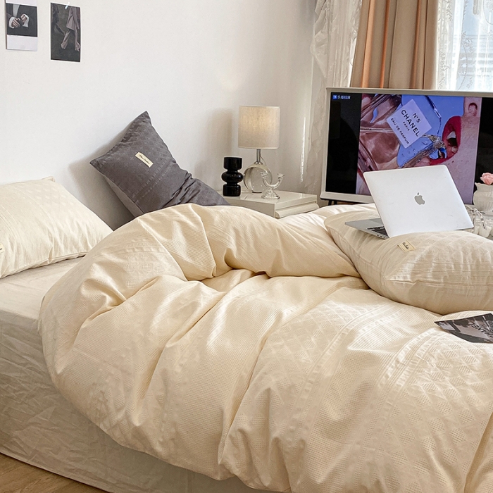 91家纺网 家纺一手货源 找家纺 昔可 2022新款60支水洗棉华夫格提花四件套拍法一 四花格米白