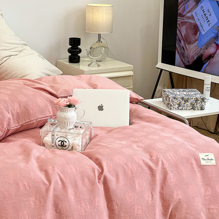 91家纺网 家纺一手货源 找家纺 昔可 2022新款60支水洗棉华夫格提花四件套拍法一 山茶粉