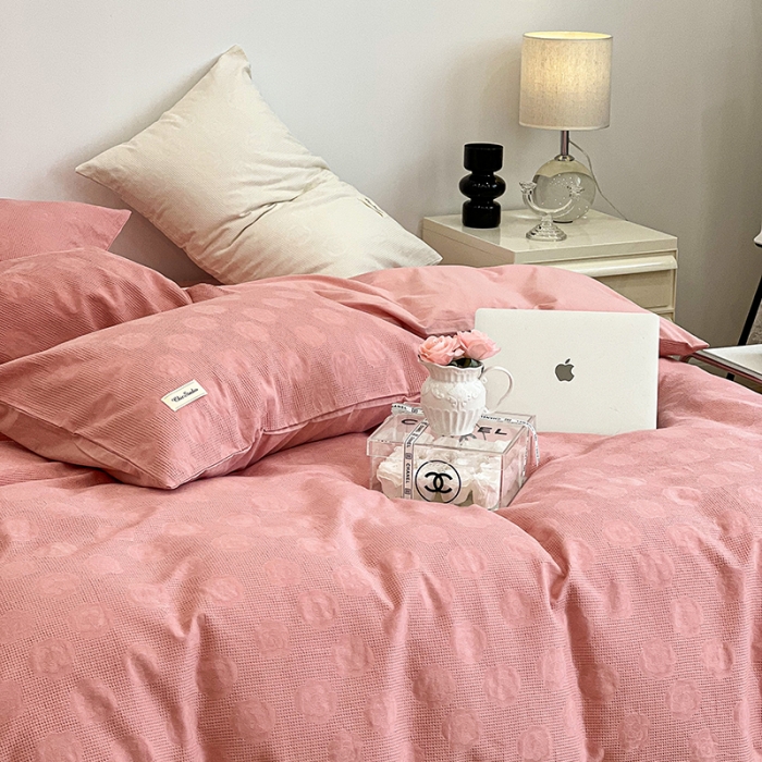 91家纺网 家纺一手货源 找家纺 昔可 2022新款60支水洗棉华夫格提花四件套拍法一 山茶粉