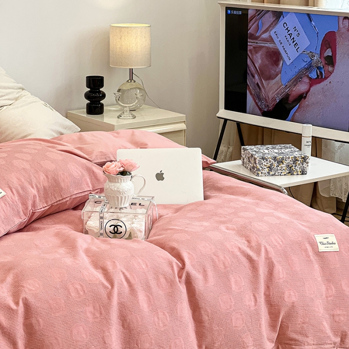 91家纺网 家纺一手货源 找家纺 昔可 2022新款60支水洗棉华夫格提花四件套拍法一 山茶粉