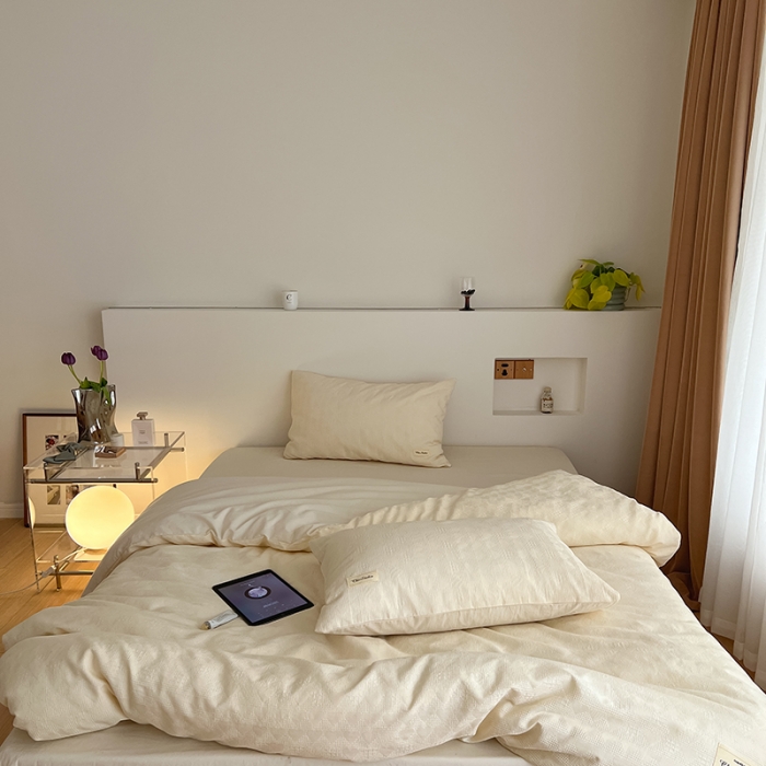 91家纺网 家纺一手货源 找家纺 昔可 2022新款60支水洗棉华夫格提花四件套拍法二 爱心米白