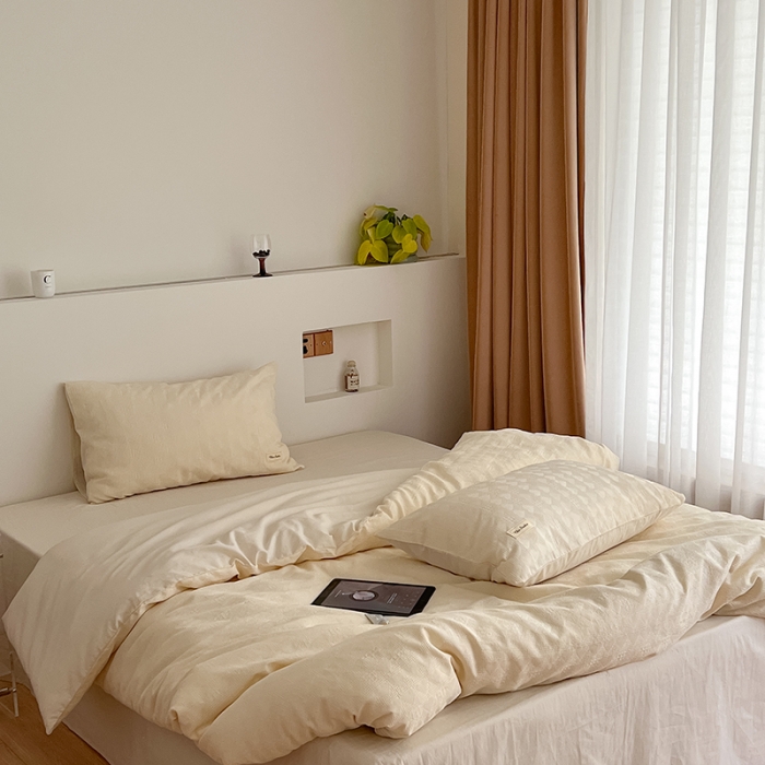 91家纺网 家纺一手货源 找家纺 昔可 2022新款60支水洗棉华夫格提花四件套拍法二 爱心米白