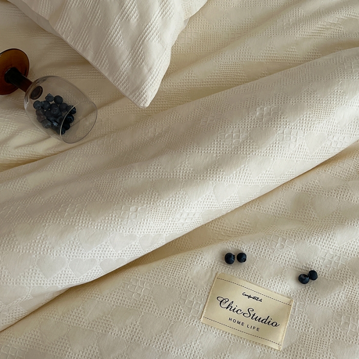 91家纺网 家纺一手货源 找家纺 昔可 2022新款60支水洗棉华夫格提花四件套拍法二 爱心米白