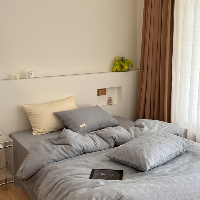 91家纺网 家纺一手货源 找家纺 昔可 2022新款60支水洗棉华夫格提花四件套拍法二 爱心雾霾蓝