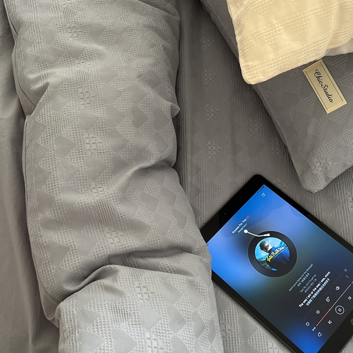 91家纺网 家纺一手货源 找家纺 昔可 2022新款60支水洗棉华夫格提花四件套拍法二 爱心雾霾蓝