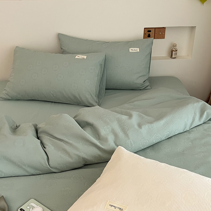 91家纺网 家纺一手货源 找家纺 昔可 2022新款60支水洗棉华夫格提花四件套拍法二 山茶薄荷绿