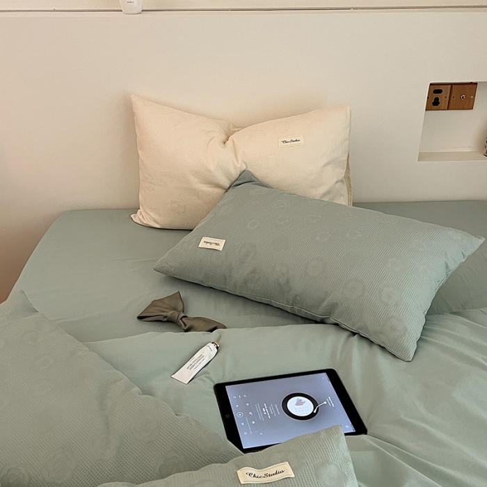 91家纺网 家纺一手货源 找家纺 昔可 2022新款60支水洗棉华夫格提花四件套拍法二 山茶薄荷绿