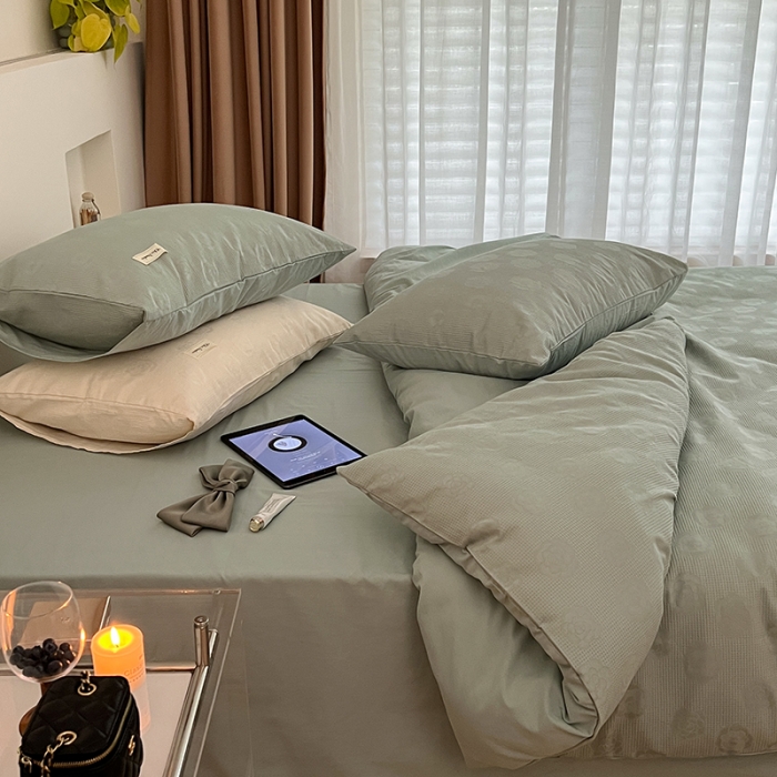 91家纺网 家纺一手货源 找家纺 昔可 2022新款60支水洗棉华夫格提花四件套拍法二 山茶薄荷绿