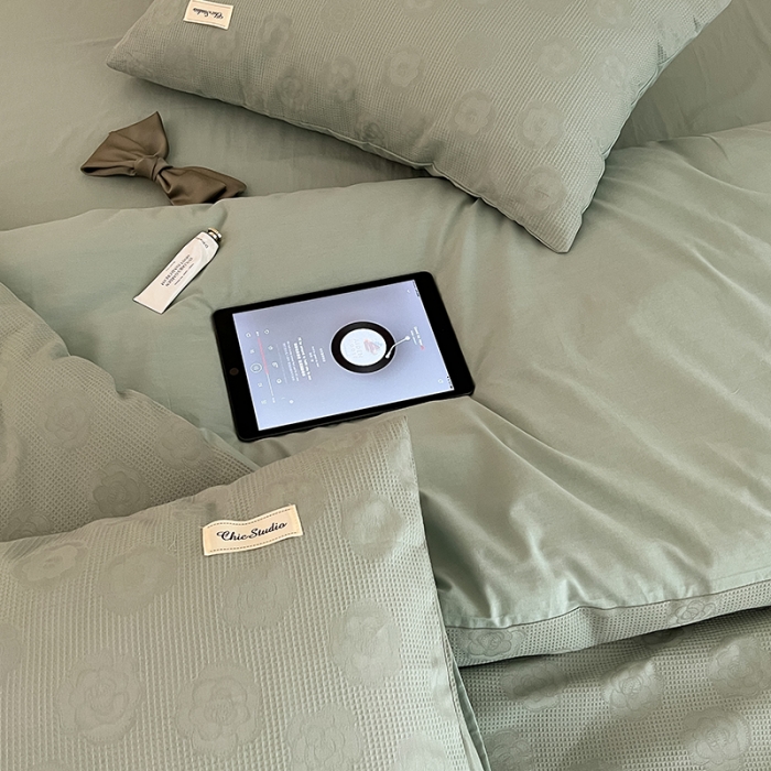 91家纺网 家纺一手货源 找家纺 昔可 2022新款60支水洗棉华夫格提花四件套拍法二 山茶薄荷绿