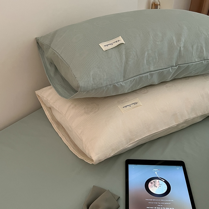 91家纺网 家纺一手货源 找家纺 昔可 2022新款60支水洗棉华夫格提花四件套拍法二 山茶薄荷绿