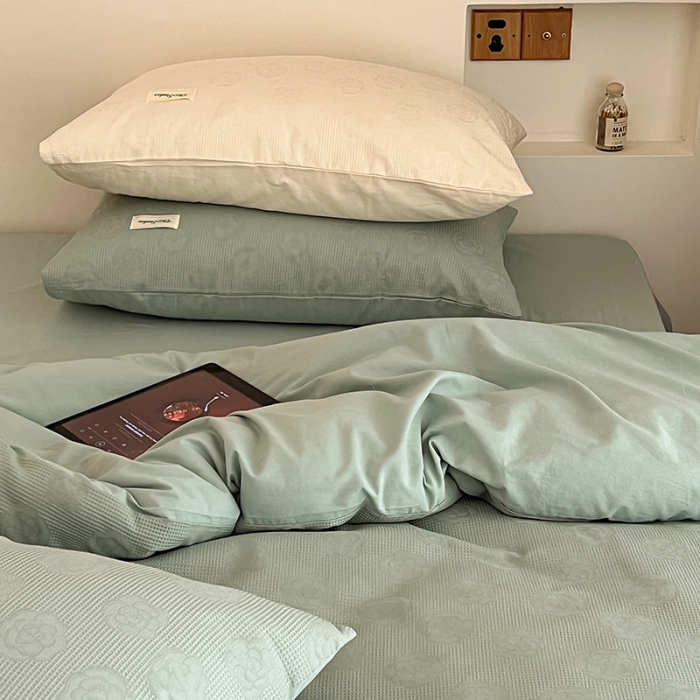 91家纺网 家纺一手货源 找家纺 昔可 2022新款60支水洗棉华夫格提花四件套拍法二 山茶薄荷绿