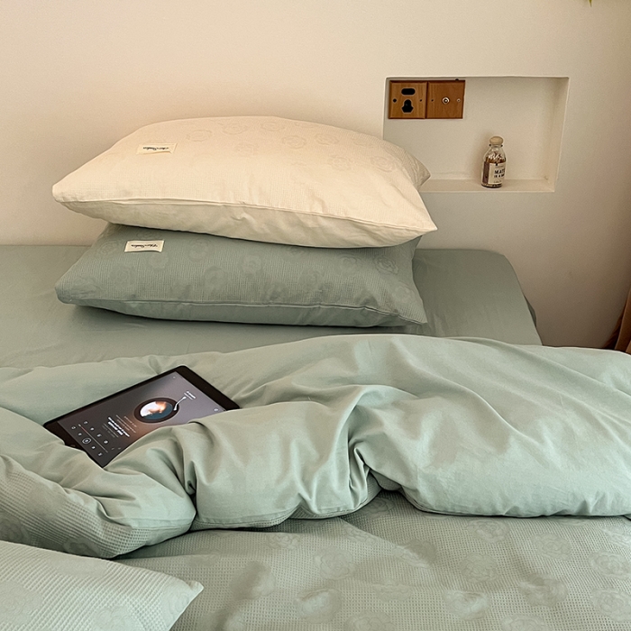 91家纺网 家纺一手货源 找家纺 昔可 2022新款60支水洗棉华夫格提花四件套拍法二 山茶薄荷绿