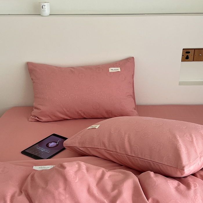 91家纺网 家纺一手货源 找家纺 昔可 2022新款60支水洗棉华夫格提花四件套拍法二 山茶粉