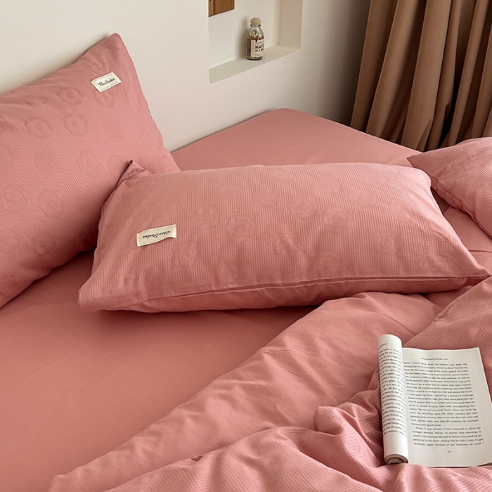 91家纺网 家纺一手货源 找家纺 昔可 2022新款60支水洗棉华夫格提花四件套拍法二 山茶粉