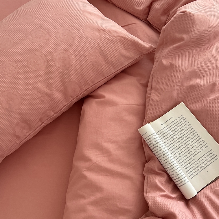 91家纺网 家纺一手货源 找家纺 昔可 2022新款60支水洗棉华夫格提花四件套拍法二 山茶粉