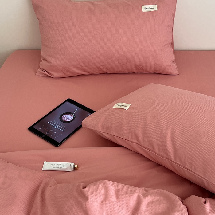 91家纺网 家纺一手货源 找家纺 昔可 2022新款60支水洗棉华夫格提花四件套拍法二 山茶粉