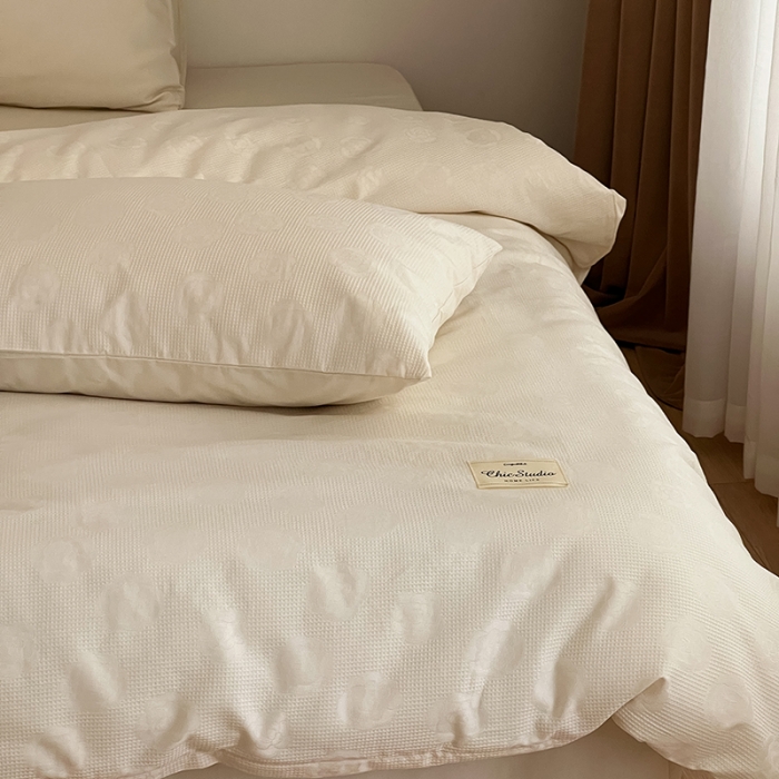 91家纺网 家纺一手货源 找家纺 昔可 2022新款60支水洗棉华夫格提花四件套拍法二 山茶米白