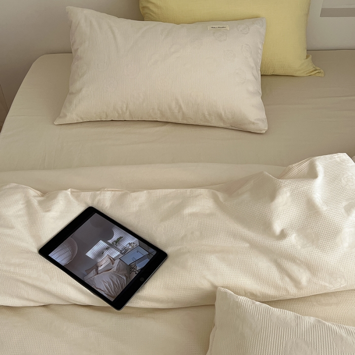 91家纺网 家纺一手货源 找家纺 昔可 2022新款60支水洗棉华夫格提花四件套拍法二 山茶米白