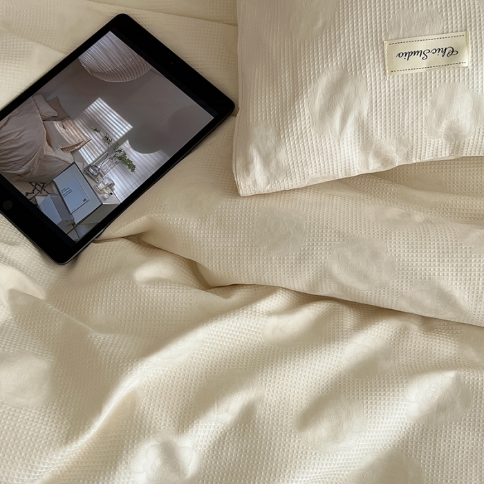 91家纺网 家纺一手货源 找家纺 昔可 2022新款60支水洗棉华夫格提花四件套拍法二 山茶米白