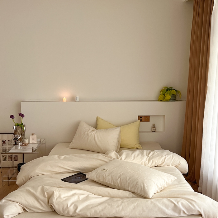 91家纺网 家纺一手货源 找家纺 昔可 2022新款60支水洗棉华夫格提花四件套拍法二 山茶米白