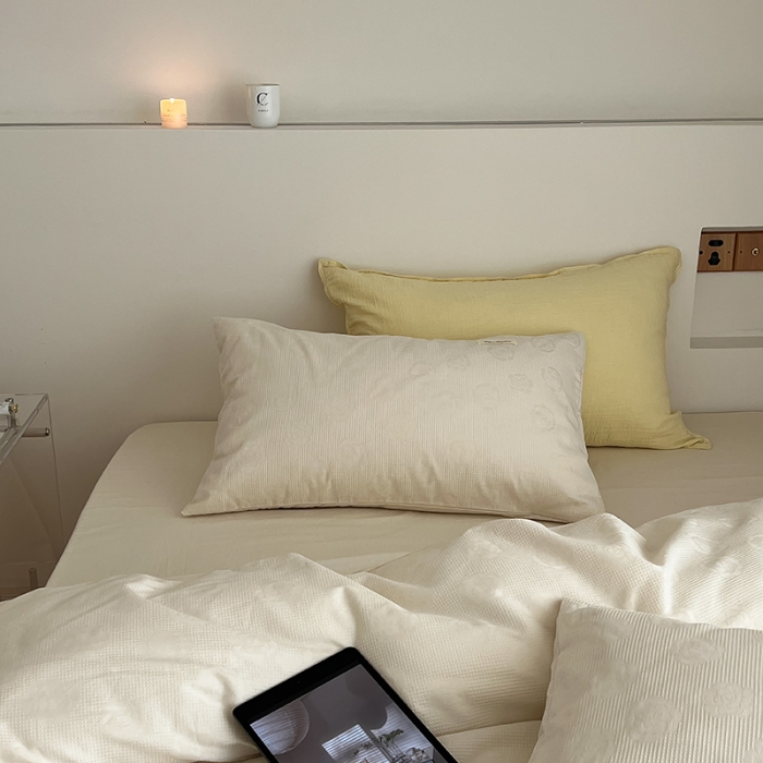 91家纺网 家纺一手货源 找家纺 昔可 2022新款60支水洗棉华夫格提花四件套拍法二 山茶米白