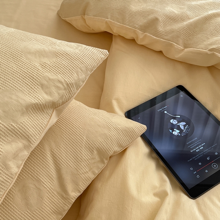 91家纺网 家纺一手货源 找家纺 昔可 2022新款60支水洗棉华夫格提花四件套拍法二 山茶嫩黄