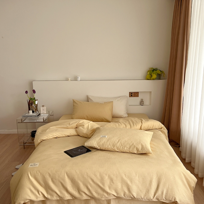 91家纺网 家纺一手货源 找家纺 昔可 2022新款60支水洗棉华夫格提花四件套拍法二 山茶嫩黄