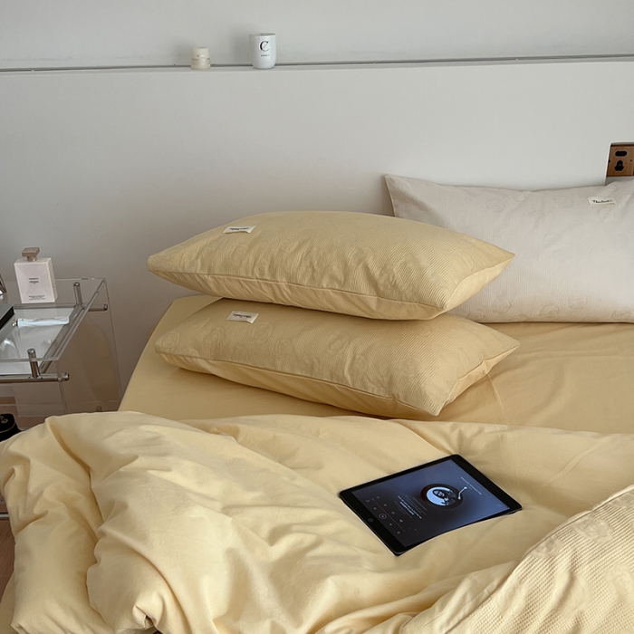 91家纺网 家纺一手货源 找家纺 昔可 2022新款60支水洗棉华夫格提花四件套拍法二 山茶嫩黄