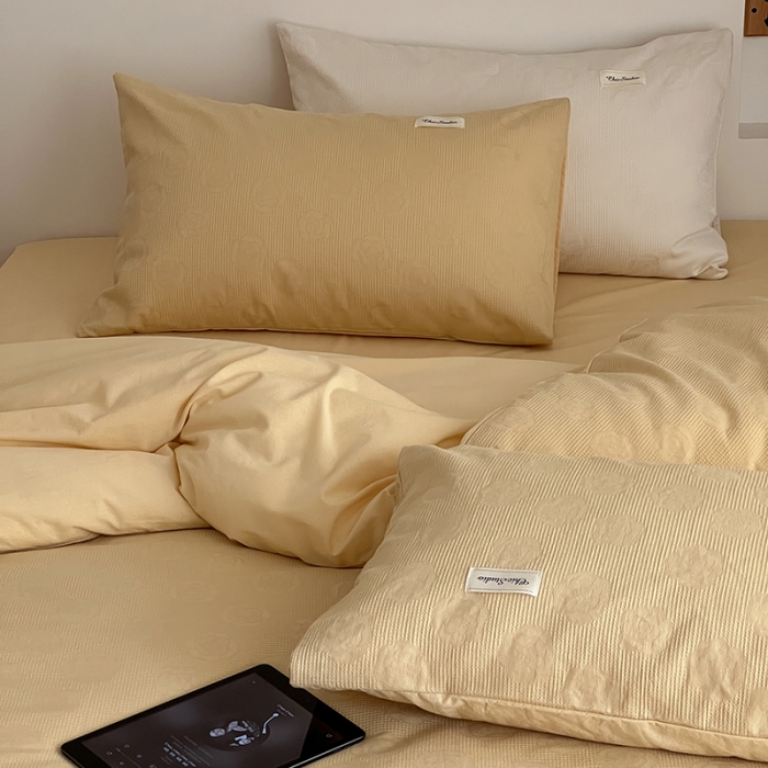 91家纺网 家纺一手货源 找家纺 昔可 2022新款60支水洗棉华夫格提花四件套拍法二 山茶嫩黄