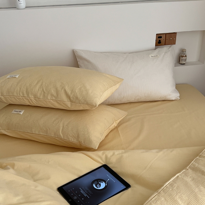 91家纺网 家纺一手货源 找家纺 昔可 2022新款60支水洗棉华夫格提花四件套拍法二 山茶嫩黄