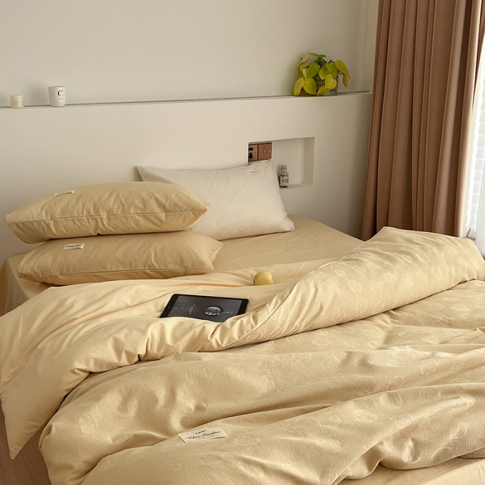 91家纺网 家纺一手货源 找家纺 昔可 2022新款60支水洗棉华夫格提花四件套拍法二 山茶嫩黄