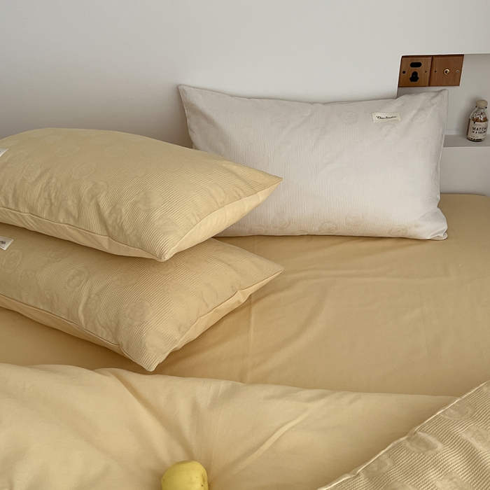 91家纺网 家纺一手货源 找家纺 昔可 2022新款60支水洗棉华夫格提花四件套拍法二 山茶嫩黄