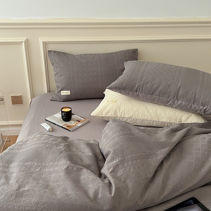 91家纺网 家纺一手货源 找家纺 昔可 2022新款60支水洗棉华夫格提花四件套拍法二 四花格大象灰