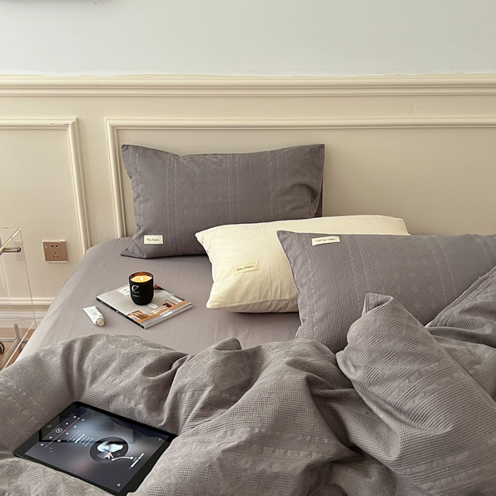 91家纺网 家纺一手货源 找家纺 昔可 2022新款60支水洗棉华夫格提花四件套拍法二 四花格大象灰