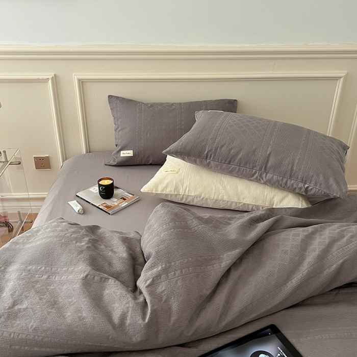 91家纺网 家纺一手货源 找家纺 昔可 2022新款60支水洗棉华夫格提花四件套拍法二 四花格大象灰